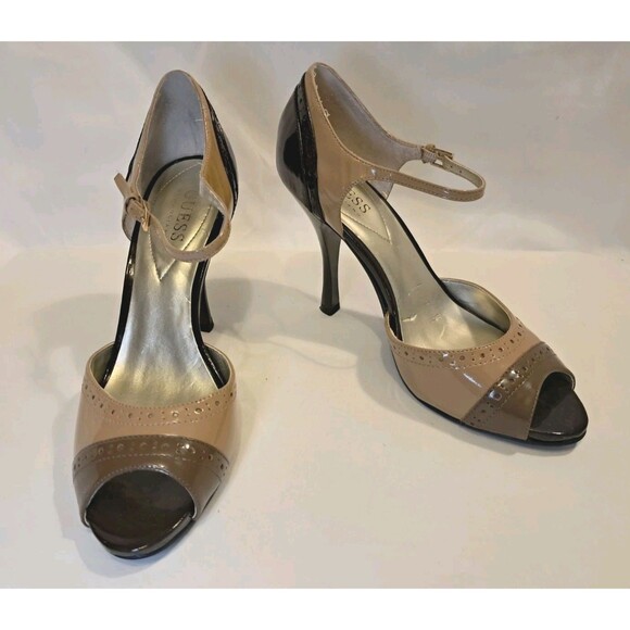 Guess Patent Open Toe Wingtip 4" Heels Ankle Strap Beige Brown Khaki Size 7.5M - Picture 1 of 8